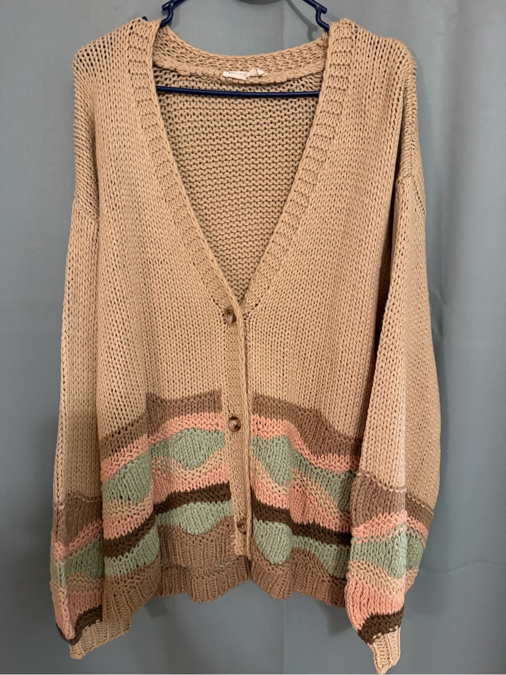 Beige Chunky V-Neck Button Cardigan with Pastel Stripe Accents
